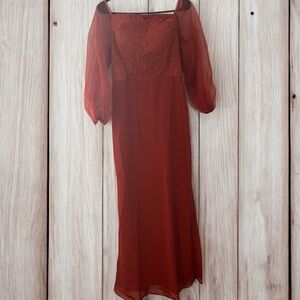Red Off Shoulder Sheath Dress with 3/4 Bishop Sleeves